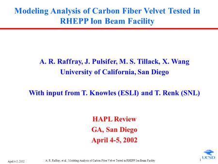April 4-5, 2002 A. R. Raffray, et al., Modeling Analysis of Carbon Fiber Velvet Tested in RHEPP Ion Beam Facility 1 Modeling Analysis of Carbon Fiber Velvet.