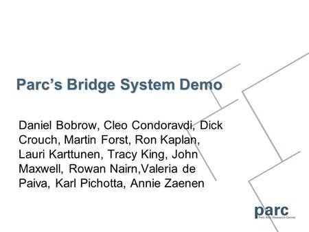 Parc’s Bridge System Demo Daniel Bobrow, Cleo Condoravdi, Dick Crouch, Martin Forst, Ron Kaplan, Lauri Karttunen, Tracy King, John Maxwell, Rowan Nairn,Valeria.