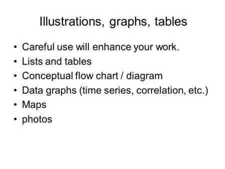 Illustrations, graphs, tables Careful use will enhance your work. Lists and tables Conceptual flow chart / diagram Data graphs (time series, correlation,