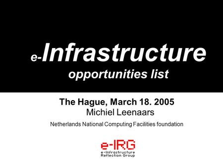 1. e-IRG meeting March 18 2005, The Hague The Hague, March 18. 2005 Michiel Leenaars Netherlands National Computing Facilities foundation e- Infrastructure.