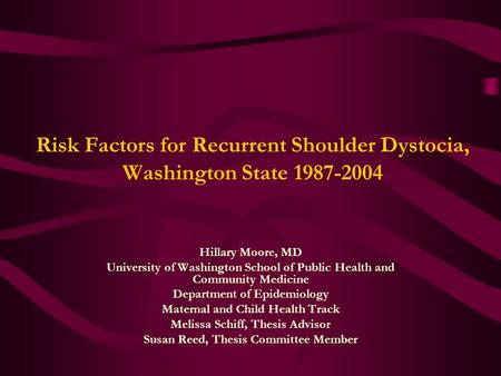 Risk Factors for Recurrent Shoulder Dystocia, Washington State 1987-2004 Hillary Moore, MD University of Washington School of Public Health and Community.