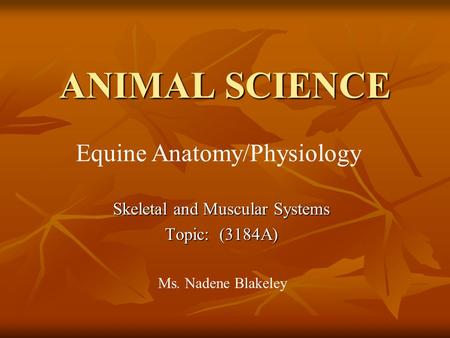 ANIMAL SCIENCE Skeletal and Muscular Systems Topic: (3184A) Ms. Nadene Blakeley Equine Anatomy/Physiology.