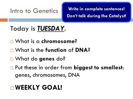 Intro to Genetics Today is TUESDAY.  What is a chromosome?  What is the function of DNA?  What do genes do?  Put these in order from biggest to smallest: