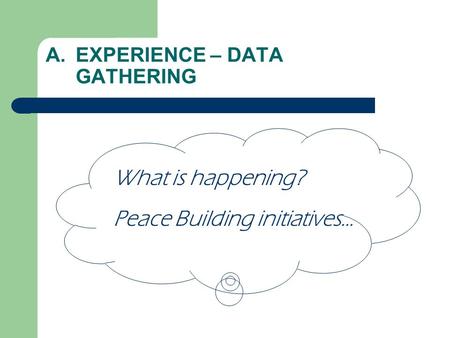 A.EXPERIENCE – DATA GATHERING What is happening? Peace Building initiatives…