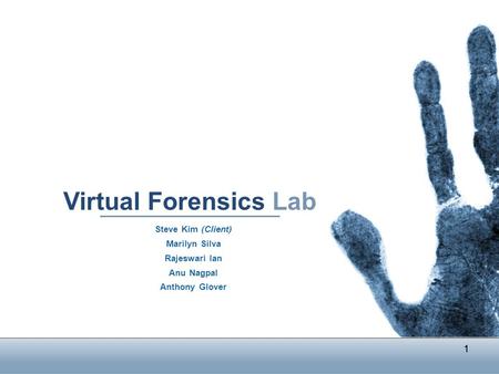 1 Virtual Forensics Lab Steve Kim (Client) Marilyn Silva Rajeswari Ian Anu Nagpal Anthony Glover 1.