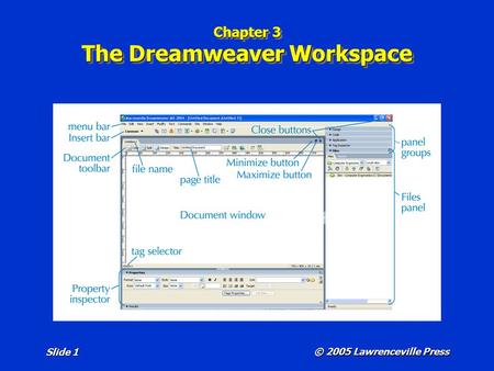 © 2005 Lawrenceville Press Slide 1 Chapter 3 The Dreamweaver Workspace.