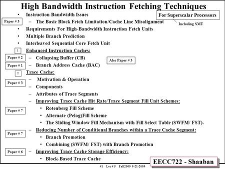 EECC722 - Shaaban #1 Lec # 5 Fall2009 9-21-2009 High Bandwidth Instruction Fetching Techniques Instruction Bandwidth Issues –The Basic Block Fetch Limitation/Cache.