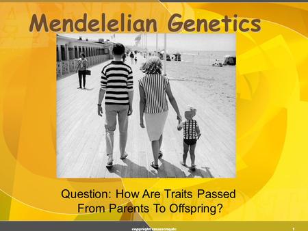 1 Mendelelian Genetics copyright cmassengale Question: How Are Traits Passed From Parents To Offspring?