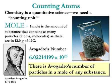 Counting Atoms Chemistry is a quantitative science—we need a “counting unit.” MOLE - 1 mole is the amount of substance that contains as many particles.