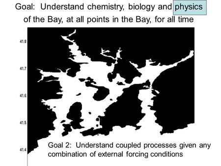 Goal: Understand chemistry, biology and physics of the Bay, at all points in the Bay, for all time Goal 2: Understand coupled processes given any combination.