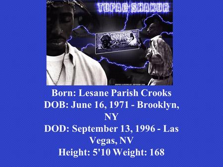 Born: Lesane Parish Crooks DOB: June 16, 1971 - Brooklyn, NY DOD: September 13, 1996 - Las Vegas, NV Height: 5'10 Weight: 168.