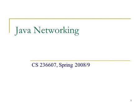 1 Java Networking CS 236607, Spring 2008/9. 2 Today’s Menu Networking Basics  TCP, UDP, Ports, DNS, Client-Server Model TCP/IP in Java Sockets URL 