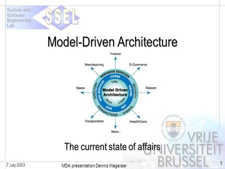7 July 2003 MDA presentation Dennis Wagelaar 1 Model-Driven Architecture The current state of affairs.