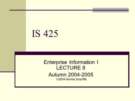 IS 425 Enterprise Information I LECTURE 8 Autumn 2004-2005  2004 Norma Sutcliffe.