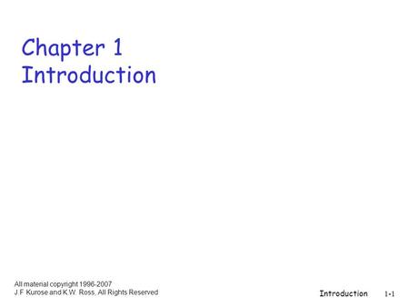 Introduction1-1 Chapter 1 Introduction All material copyright 1996-2007 J.F Kurose and K.W. Ross, All Rights Reserved.