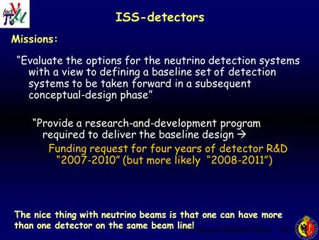 ISS-detectors BENE06 Frascati Alain Blondel ISS-detectors “Evaluate the options for the neutrino detection systems with a view to defining a baseline set.