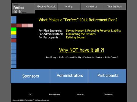 What Makes a “Perfect” 401k Retirement Plan? For Plan Sponsors:Saving Money & Reducing Personal Liability For Administrators:Eliminating the Hassles For.