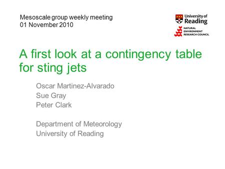 A first look at a contingency table for sting jets Oscar Martinez-Alvarado Sue Gray Peter Clark Department of Meteorology University of Reading Mesoscale.