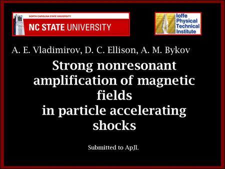 Strong nonresonant amplification of magnetic fields in particle accelerating shocks A. E. Vladimirov, D. C. Ellison, A. M. Bykov Submitted to ApJL.