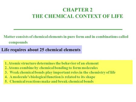 CHAPTER 2 THE CHEMICAL CONTEXT OF LIFE Matter consists of chemical elements in pure form and in combinations called compounds 1. Atomic structure determines.