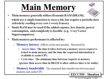 EECC550 - Shaaban #1 Lec # 10 Spring2001 5-7-2001 Main Memory Main memory generally utilizes Dynamic RAM (DRAM), which use a single transistor to store.
