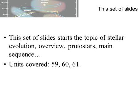 This set of slides This set of slides starts the topic of stellar evolution, overview, protostars, main sequence… Units covered: 59, 60, 61.