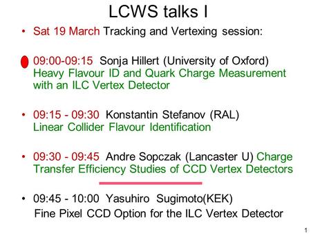 1 LCWS talks I Sat 19 March Tracking and Vertexing session: 09:00-09:15 Sonja Hillert (University of Oxford) Heavy Flavour ID and Quark Charge Measurement.