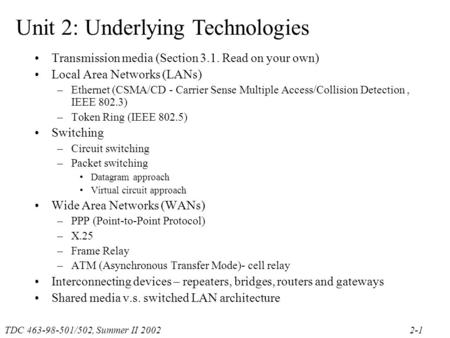 TDC 463-98-501/502, Summer II 20022-1 Unit 2: Underlying Technologies Transmission media (Section 3.1. Read on your own) Local Area Networks (LANs) –Ethernet.