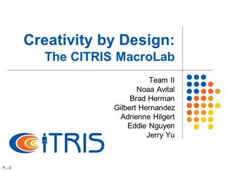 Creativity by Design: The CITRIS MacroLab Team II Noaa Avital Brad Herman Gilbert Hernandez Adrienne Hilgert Eddie Nguyen Jerry Yu.