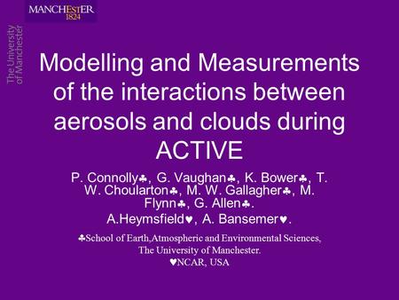 Modelling and Measurements of the interactions between aerosols and clouds during ACTIVE P. Connolly , G. Vaughan , K. Bower , T. W. Choularton , M.