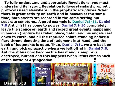 Daniel 7:8 ReturnReturn Daniel 7:11 SavedSaved Thrones cast down Ancient of Days  ------Daniel 7:9,10------  To fully understand and appreciate Revelations,