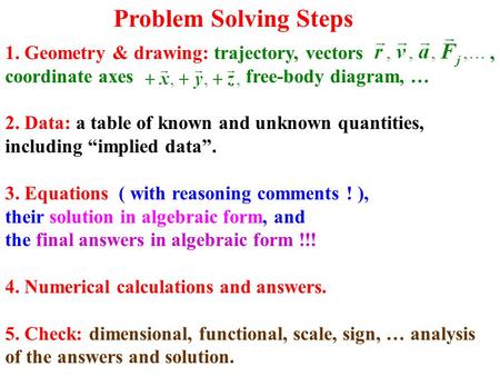 Problem Solving Steps 1. Geometry & drawing: trajectory, vectors, coordinate axes free-body diagram, … 2. Data: a table of known and unknown quantities,