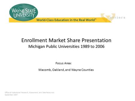 Enrollment Market Share Presentation Michigan Public Universities 1989 to 2006 Office of Institutional Research, Assessment, and Data Resources September.