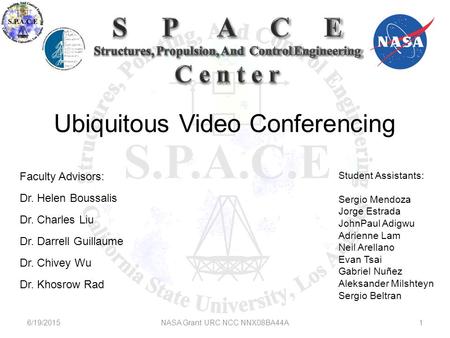 Ubiquitous Video Conferencing Faculty Advisors: Dr. Helen Boussalis Dr. Charles Liu Dr. Darrell Guillaume Dr. Chivey Wu Dr. Khosrow Rad Student Assistants:
