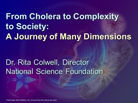From Cholera to Complexity to Society: A Journey of Many Dimensions Dr. Rita Colwell, Director National Science Foundation Fractal images: Martin Golubitsky,