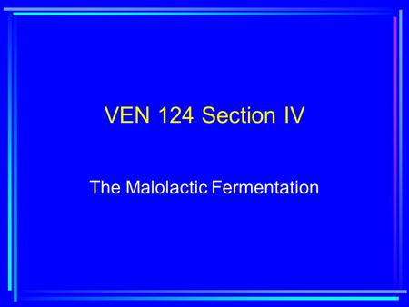 VEN 124 Section IV The Malolactic Fermentation. Lecture 12: The Biology of the Lactic Acid Bacteria.