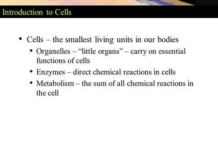 Introduction to Cells Cells – the smallest living units in our bodies Organelles – “little organs” – carry on essential functions of cells Enzymes – direct.