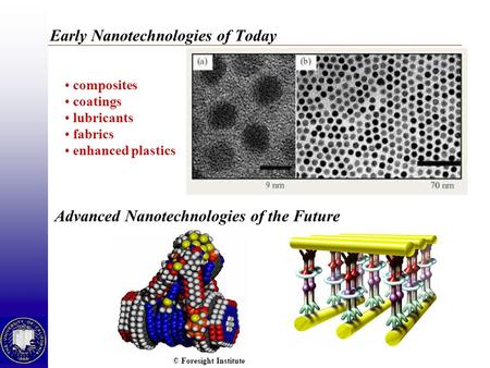Early Nanotechnologies of Today © Foresight Institute composites coatings lubricants fabrics enhanced plastics Advanced Nanotechnologies of the Future.