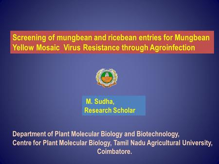 Screening of mungbean and ricebean entries for Mungbean Yellow Mosaic Virus Resistance through Agroinfection Department of Plant Molecular Biology and.