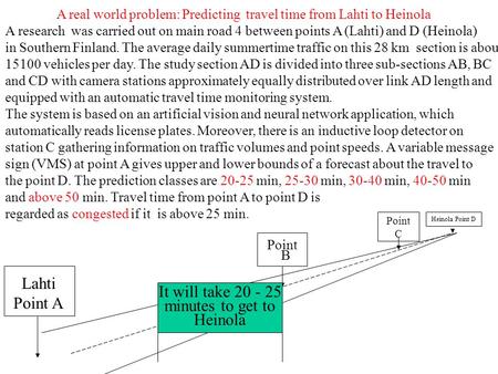 A real world problem: Predicting travel time from Lahti to Heinola A research was carried out on main road 4 between points A (Lahti) and D (Heinola) in.