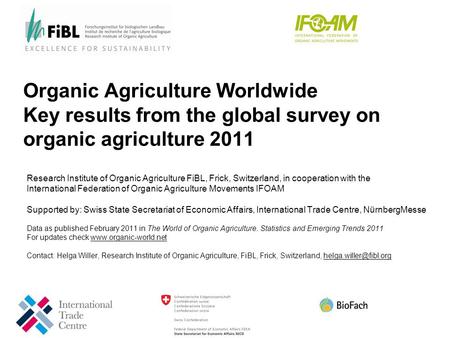 FiBL 17.04.2017 Organic Agriculture Worldwide Key results from the global survey on organic agriculture 2011 Research Institute of Organic Agriculture.