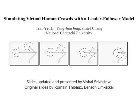 Simulating Virtual Human Crowds with a Leader-Follower Model Tsai-Yen Li, Ying-Juin Jeng, Shih-I Chang National Chengchi University Slides updated and.