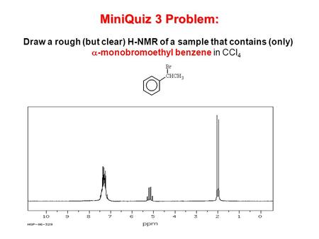 MiniQuiz 3 Problem: Draw a rough (but clear) H-NMR of a sample that contains (only)  -monobromoethyl benzene in CCl 4.