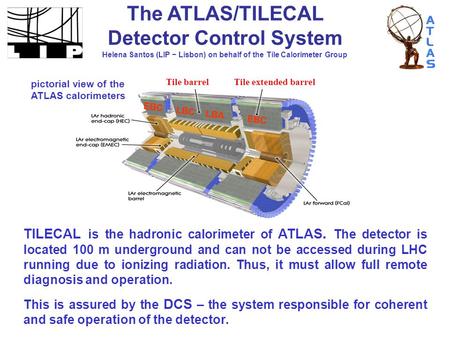 The ATLAS/TILECAL Detector Control System Helena Santos (LIP − Lisbon) on behalf of the Tile Calorimeter Group EBC LBC LBA EBC TILECAL is the hadronic.