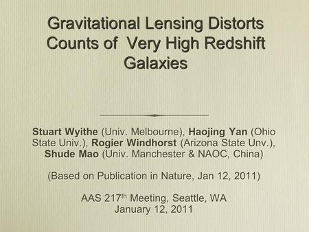 Gravitational Lensing Distorts Counts of Very High Redshift Galaxies Stuart Wyithe (Univ. Melbourne), Haojing Yan (Ohio State Univ.), Rogier Windhorst.