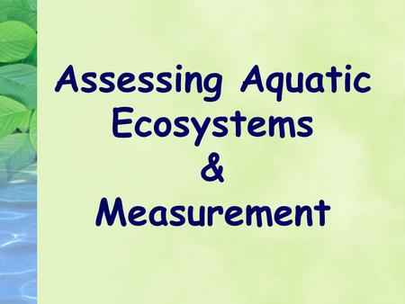 Assessing Aquatic Ecosystems & Measurement. Aquatic Ecosystem Assessment The health of an aquatic ecosystem can be determined by examining a variety of.
