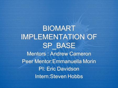 BIOMART IMPLEMENTATION OF SP_BASE Mentors : Andrew Cameron Peer Mentor:Emmanuella Morin PI: Eric Davidson Intern:Steven Hobbs Mentors : Andrew Cameron.