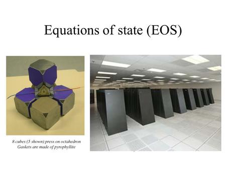Equations of state (EOS). An EOS is a relation between P, V and T. The EOS known to everybody is the ideal gas equation: PV=nRT Important thermodynamic.