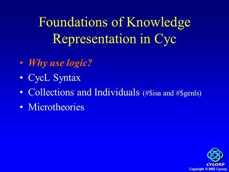 Copyright © 2002 Cycorp Why use logic? CycL Syntax Collections and Individuals (#$isa and #$genls) Microtheories Foundations of Knowledge Representation.