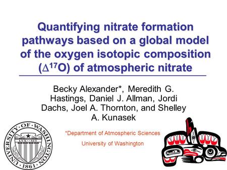 Quantifying nitrate formation pathways based on a global model of the oxygen isotopic composition (  17 O) of atmospheric nitrate Becky Alexander*, Meredith.